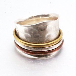 Sterling Silver Brass Modernist Hammered Wide Band Ring